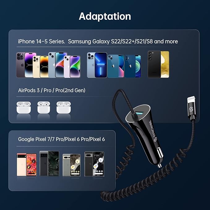 [Apple MFi Certified] Syncwire Car Charger iPhone 4.8A/24W Fast Car Phone Charger Cigarette Lighter USB Car Adapter with Build-in 8FT Lightning Cable Coiled for Apple iPhone 14/13/12/11/XR/Max, iPad