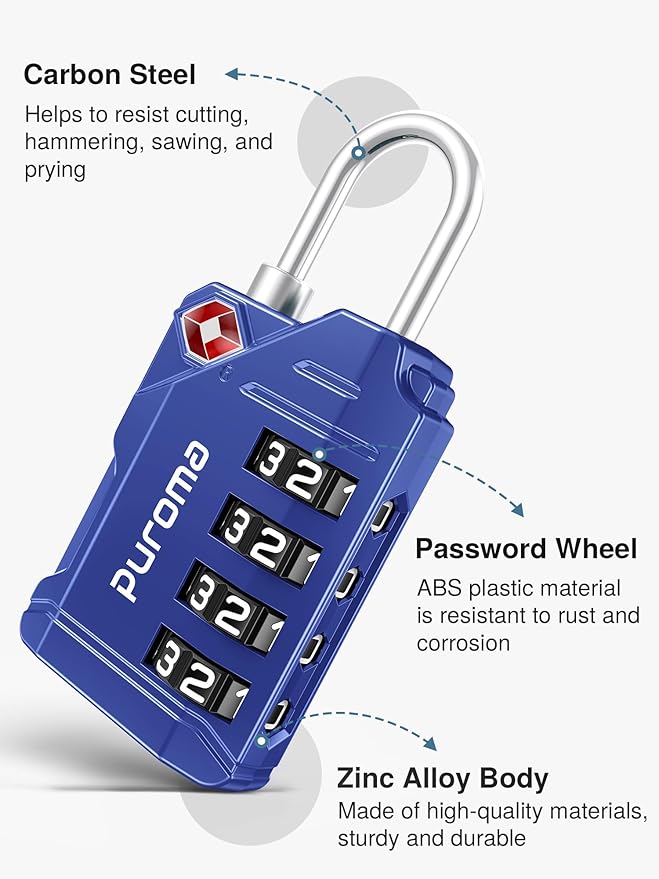 Puroma TSA Approved Luggage Locks, 2 Pack 4 Digit Resettable Travel Combination Code Lock with Zinc Alloy Body for Suitcase, Backpack, Laptop Bag, Gym Locker, Toolbox (Blue)