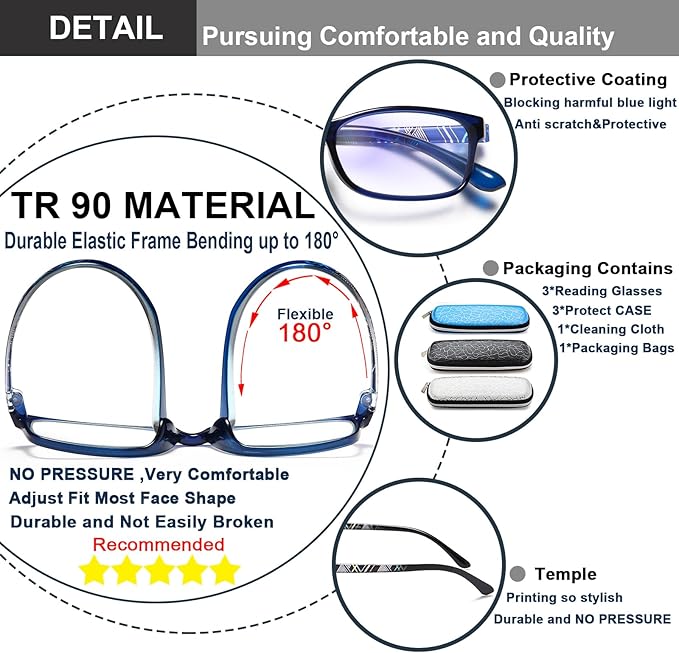 EYEURL Reading Glasses for Women-Blue Light Blocking For Men Women-3 Pack Computer Readers 2.75 Spring Hinge Anti UV Ray/Eye Strain/Glare Eyeglasses