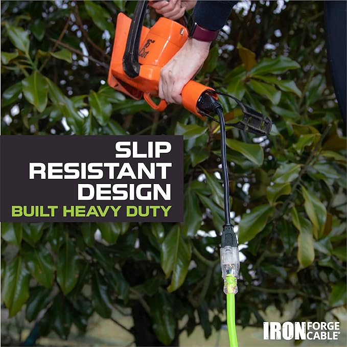 Iron Forge Cable Weatherproof 25 Ft Outdoor Extension Cord - 12/3 SJTW 15 Amp Heavy Duty Light Green High Visibility Cable with 3 Prong - Lighted End