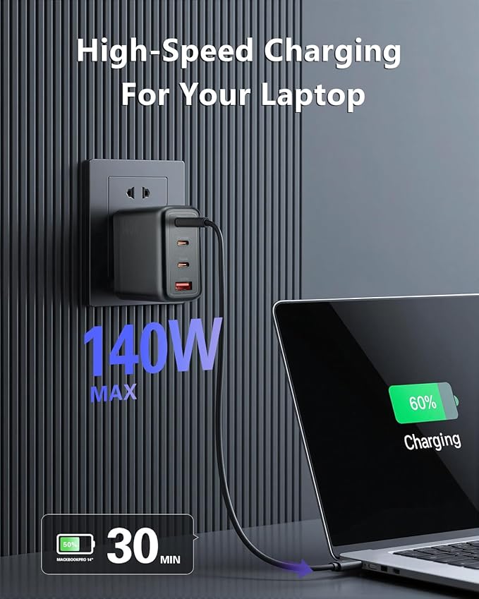 140W USB C Charger, 4-Port Foldable Compact Fast Laptop Charger Power Adapter, Advanced GaN Wall Charger, Compatible for MacBook Pro/Air, iPad Pro, iPhone 16 Pro, Galaxy S25/S24, Steam Deck, and More