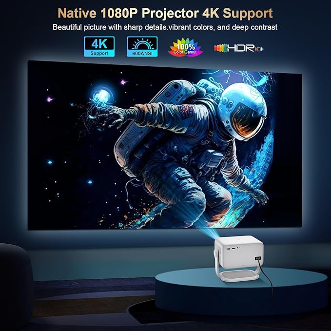 Smart Projector with WiFi and Bluetooth, 1080P Native 4K Support, 600 ANSI Lumen, Electric Focus & Auto Keystone, Built in Apps, Mini Portable Projector for Outdoor Movies Home Theater