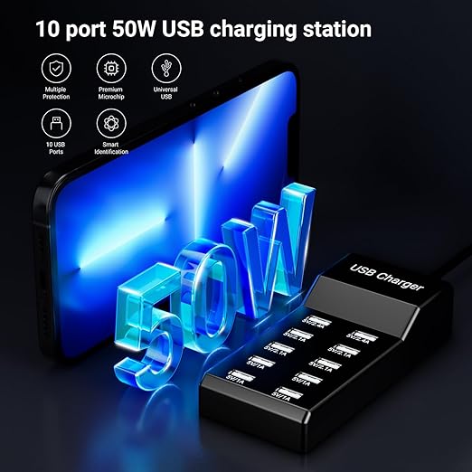 10-Port USB Charger 50w10A USB Charging Station, Multiport Charger Hub, Compatible with iPhone, Galaxy, iPad Tablet, and Other Devices (Black)