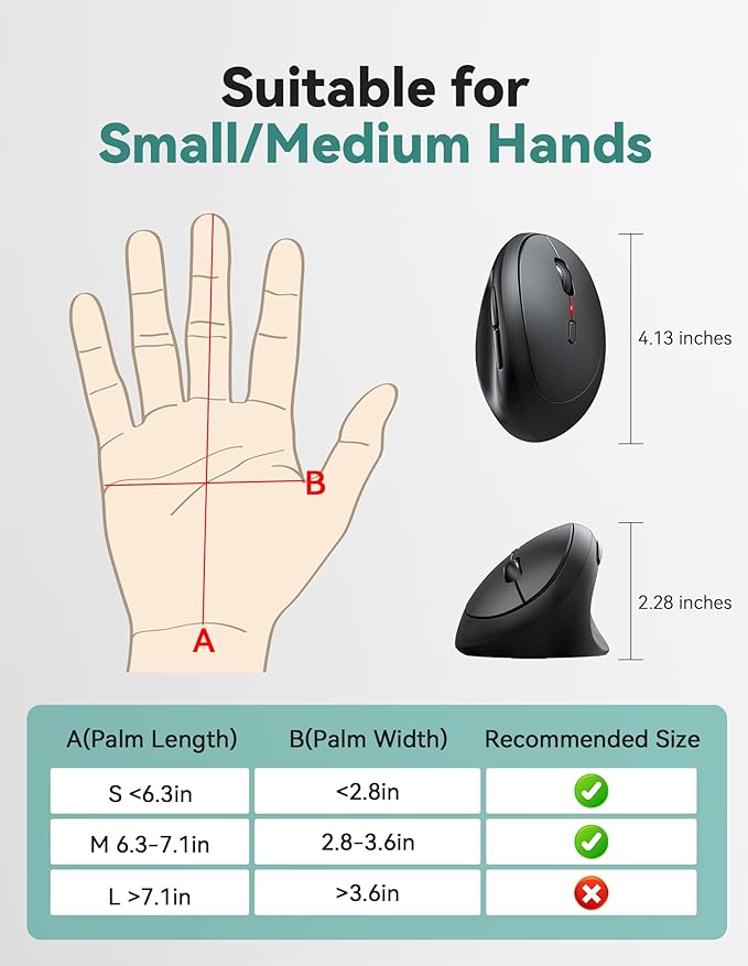 TECKNET Ergonomic Mouse, 4800 DPI 5 Adjustable DPI Levels, Wireless Vertical Mouse, 6 Buttons, 2.4G Silent Mouse for Laptop, PC, Chromebook, Mac - Black