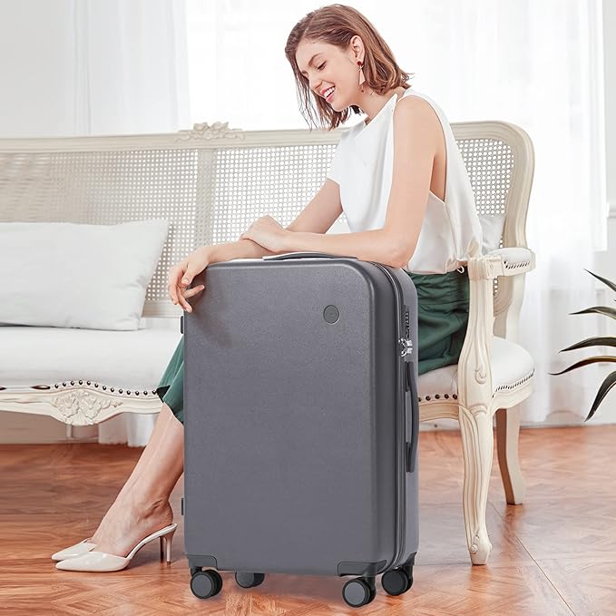 mixi Luggage Suitcase with Spinner Wheels, Hardside Rolling Suitcase PC with Cover & TSA Lock Lightweight Travel Case 28in Checked in, Rock Gray