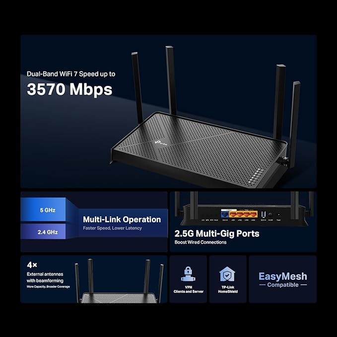 TP-Link Dual-Band BE3600 Wi-Fi 7 Router Archer BE230 | 4-Stream | 2×2.5G + 3×1G Ports, USB 3.0, 2.0 GHz Quad Core, 4 Antennas | VPN, EasyMesh, HomeShield, MLO, Private IOT | Free Expert Support