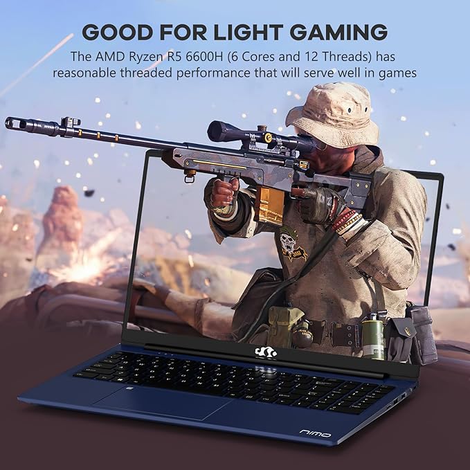 NIMO 15.6" IPS FHD-Gaming-Laptop, 6 Cores AMD Ryzen 5 6600H 32GB DDR5 RAM 2TB SSD (Beat i7-1165G7 up to 4.5GHz) 660M 6nm GPU-Computer with 100W Type-C Backlit Keyboard, Fingerprint