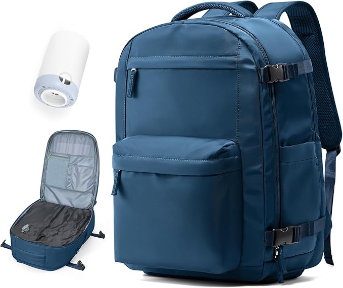 Vacuum Travel Backpack with Pump for Women,Personal Item Carry on Backpacks Flight Approved 18x14x8 inches for Men,Laptop Waterproof Work Compression bags Casual Daypack. Blue