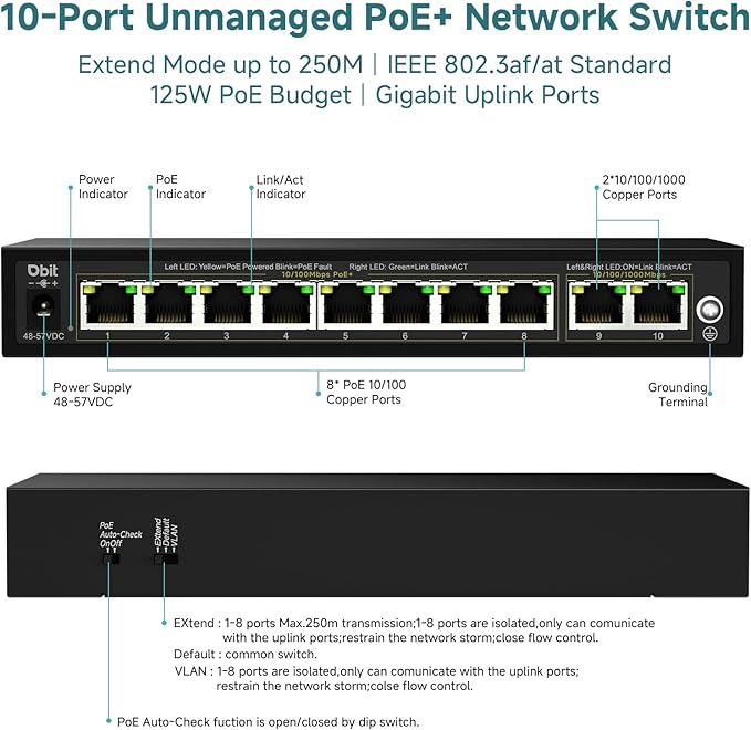 DBIT Unmanaged 10-Port PoE Network Switch, 8* 10/100Mbps PoE+ Ports, 2 Gigabit Uplink Ports, 802.3af/at, Desktop/Wall-Mount, Plug & Play, Support Extend/VLAN Mode, Metal Case Fanless, 130W (WS1082A)