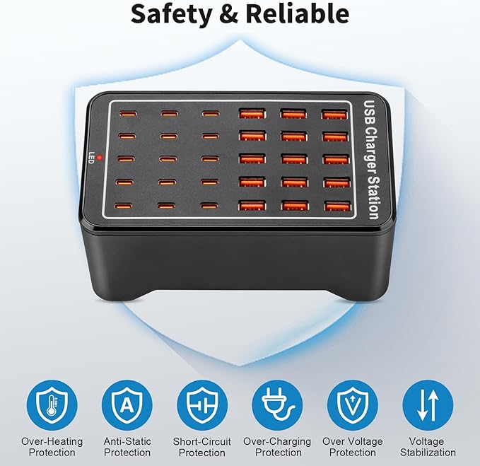 USB~C Charger Block, 150W(30A) 30 Port (15 USB A & 15 USB~C Port) Multiple USB Charging Station, Desktop USB Wall Charger Compatible with iPhone, iPad, Tablets, Smartphones