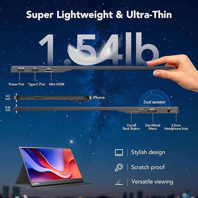 Portable Monitor 15.6 Inch 1080P FHD IPS Gaming Display Monitor with USB-C & HDMI, Ultra-Slim External Second Screen with Smart Cover & Speakers for Laptop, Xbox，PC, Mac, Phone, PS5, Switch