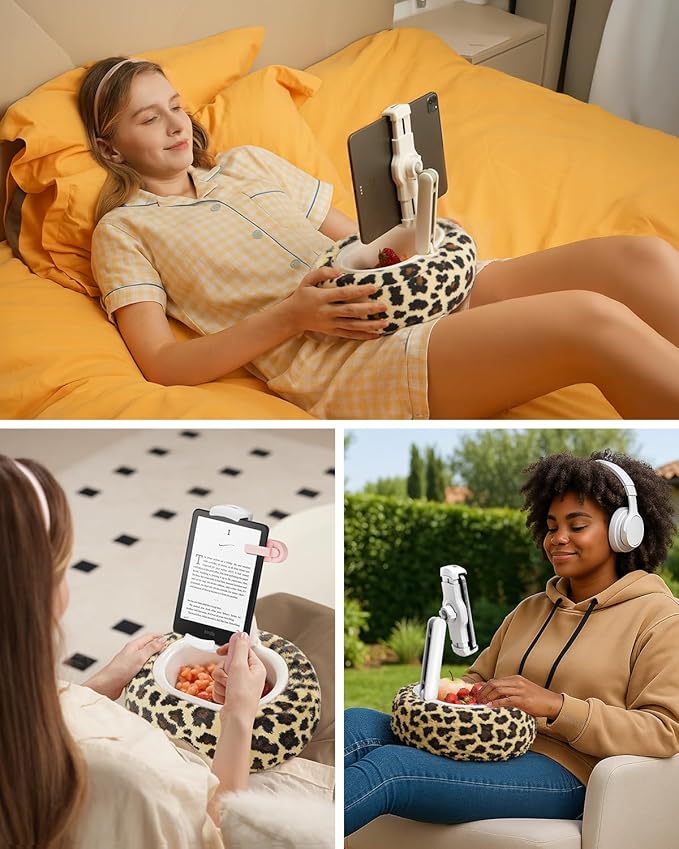 Viozon Tablet Pillow Stand,Kindle Pillow Stand, Compatible with 4-11" Tablet/Phone with Small Bowl, Kindle Holder Accessories,Idea for Reading and Video Watching On Bed,Leopard
