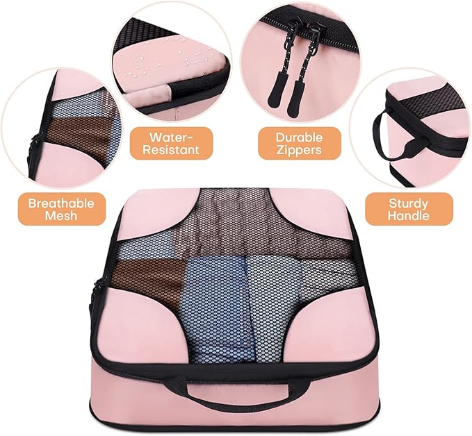 6 Set Compression Packing Cubes for Travel Women, Compression Bags Organizer for Packing Luggage Space Saving, Suitcase Organizer Set for Travel Essentials - Pink