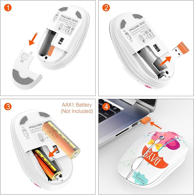 Cute Wireless Mouse Dual Mode with 2.4GHz USB Receiver and Bluetooth Connection for Laptop, iPad, Mac, AA Battery Silent Cartoon Cordless Mice for Kids and Students (Pink Elephant)