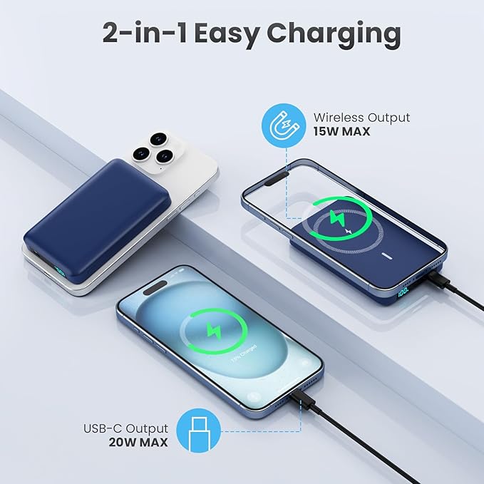 Magnetic Portable Charger Power Bank,Compact 10800mAh LCD Display Wireless Portable Charger,20W PD USB-C in&out Battery Pack Compatible with Magsafe,iPhone 15/15 Pro Max/14/13/12 Series-Dark Blue