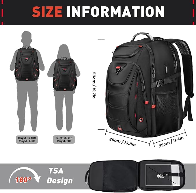 Z-MGKISS 55L Extra Large Travel Backpack, 18.4 Inch Laptop Backpack for Men, Water Resistant, TSA Flight Approved, Business Work Bag with USB Charging Port, Black