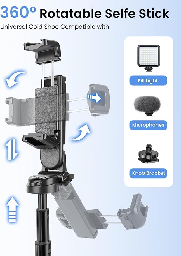 4-in-1 Multifunctional 360°Rotation Selfie Stick for iPhone with Fill Light for Low Light Environment & Indoor Scenes - Foldable Pocket LED Phone Selfie Stick Tripod
