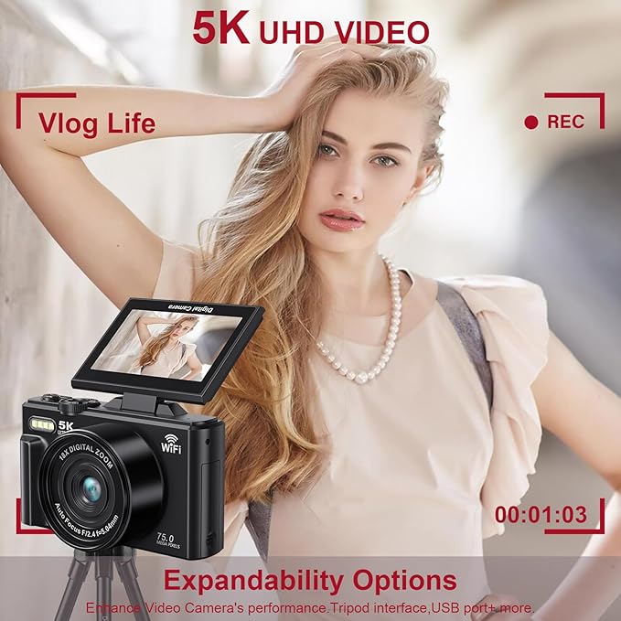 Digital Cameras for Photography - 5K 75MP Vlogging Camera for YouTube WiFi - UHD Autofocus Vlog Camera 3" 180° Flip Screen with 18X Zoom - Travel YouTube with 32GB SD Card, 2 Batteries
