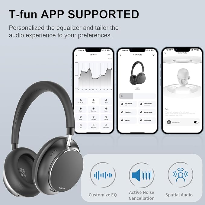 T-fun NC35 Hybrid Active Noise Cancelling Headphones, 360° Spatial Audio with Head Tracking, Over Ear Headphones Wireless Bluetooth 5.3, 55H ANC Playtime, Deep Bass, Custom EQ via App, for Travel Home