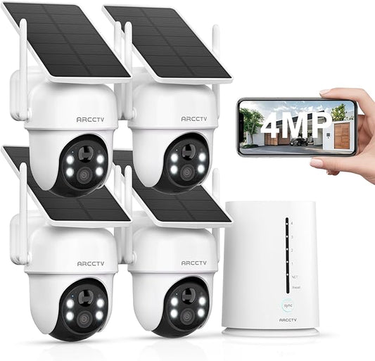Security Cameras Wireless Outdoor, 4 Cam-Kit, 4MP Solar Security Camera Wireless System with 360° Pan & Tilt, HD Color Night Vision, Motion Detection, 64GB Memory Card, No Monthly Fee