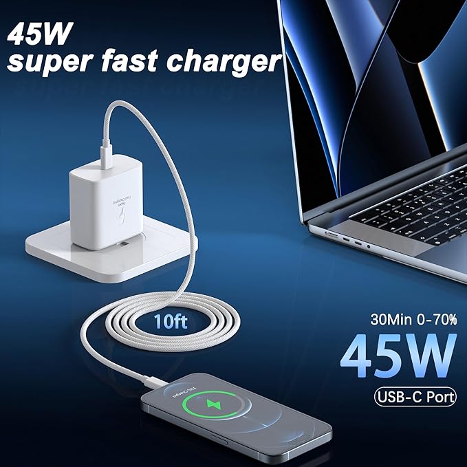45W USB C Fast Charger Compatible with iPhone 16/16 Pro/16 Pro Max/16 Plus/15/15 Pro Max/15 Pro/15 Plus,45W USB C Charger Block 2PACK with 10FT Long Type C Charging Cord Cable