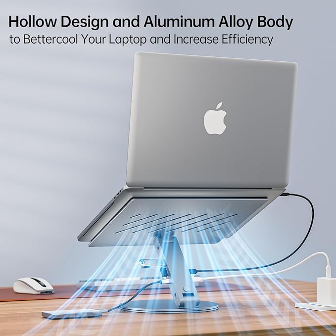 Adjustable Laptop Stand with 6-in-1 USB C Docking Station, 360° Rotation, 4K HDMI, USB3.0, PD100W, Compatible with MacBook Pro Air, Dell XPS, HP 10-16” - Gray