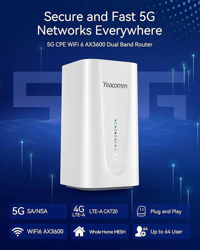 5G Router AX3600 WiFi-6 Modem with Sim Card Slot,NR NSA/SA 5G Cellular Router Up to 4.67Gbps,Wireless CPE & LTE Cat20 Gateway,Voice Volte RJ11,Band Lock,VPN,4 x 4 MIMO