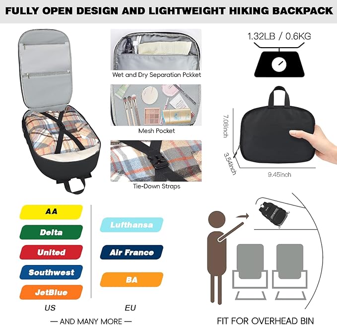 Seektop 40L Hiking Backpack Foldable Daypack for Women Men, Lightweight Travel Backpack Carry on Flight Approved for Camping School Work Business Leisure (Black)