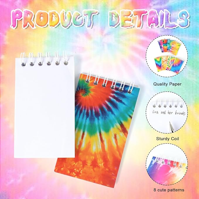OZIO 48PCS Mini Tie Dye Notepads Tie Dye Party Favors Art Party Spiral Pocket Notebooks Fun Coil Mini Notepads for Kids Teacher Classroom Supplies Bag Fillers Birthday Party Favors, 8 Style