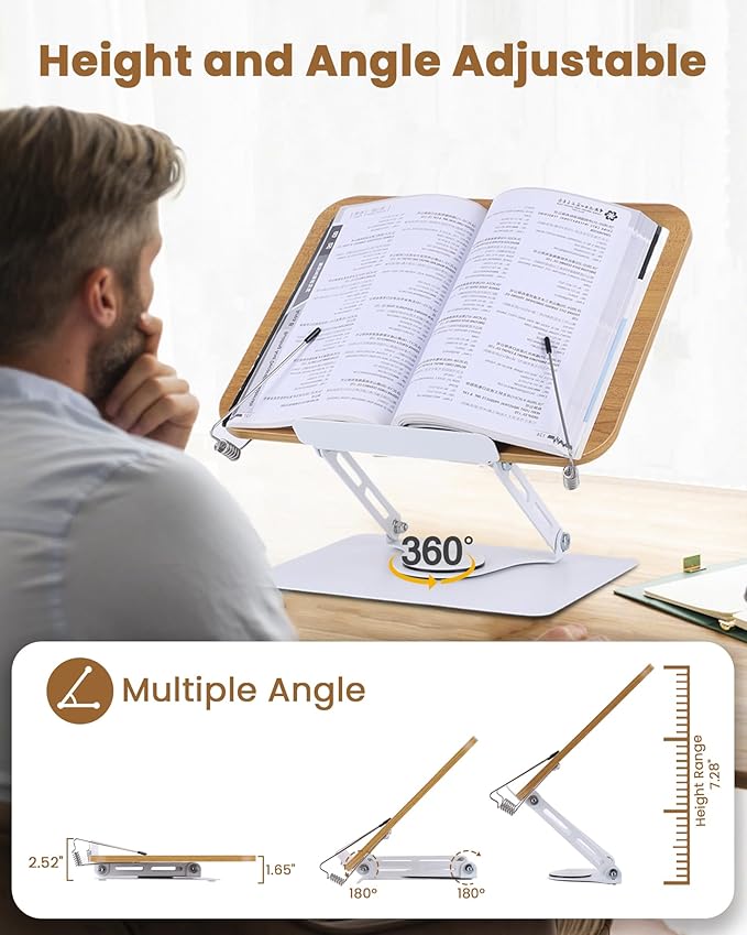 ASIEIT Book Stand for Reading, Adjustable Book Holder with 360° Rotating Base & Elastic Page Clips, Foldable Cookbook Stand, Portable Display Stand for Bible, Recipe, Magazine, Tablet, Laptop, Natural