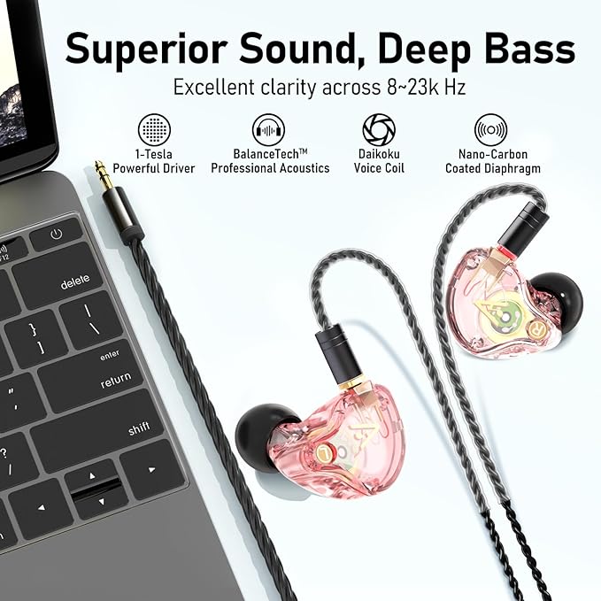 Vibes 202 Wired Earbuds - HiFi in Ear Monitor Headphones – Professional Noise-Isolating Ear Buds - Clear Sound, Deep Bass & Comfort-Fit IEM Earphones - MMCX to 3.5mm, Silver Plated Cord, Carrying Case