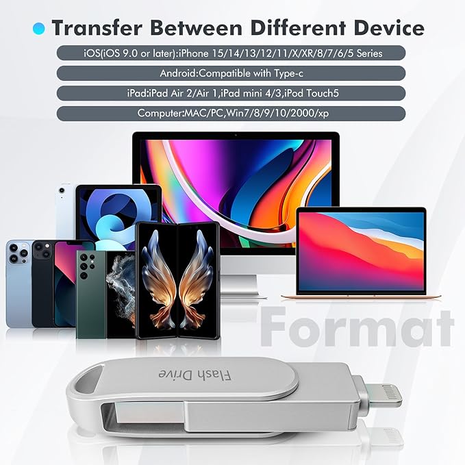 Apple MFi Certified Flash Drive 512GB, Photo Stick for iPhone Memory Stick for Photo/Video Backup Stick, High-Speed USB Thumb Drive for iPhone Storage Compatible for iPhone/iPad/Android/PC (Silver)