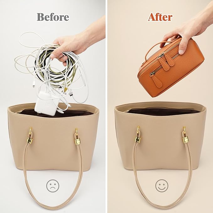 Electronic Organizer Travel Case, Portable Waterproof PU Leather Tech Pouch, Accessories Storage Bag, Compact Travel Cord Organizer for Cable, Charger, Phone, Earbuds (Brown Tech Pouch 2L)