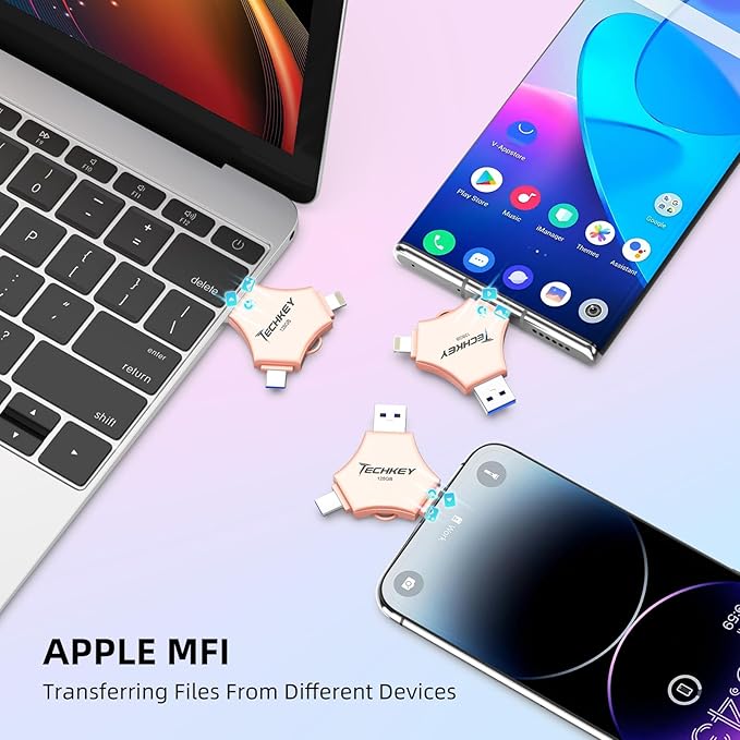 MFi Certified USB 3.0 Flash Drive 128GB for iPhone 3in1 External Memory Photo Keeper Storage Stick for Picture/Video/Data Saver/Backup High Speed Thumb/Jump/Hard Drives for iPad/Android/PC (Rose Pink)