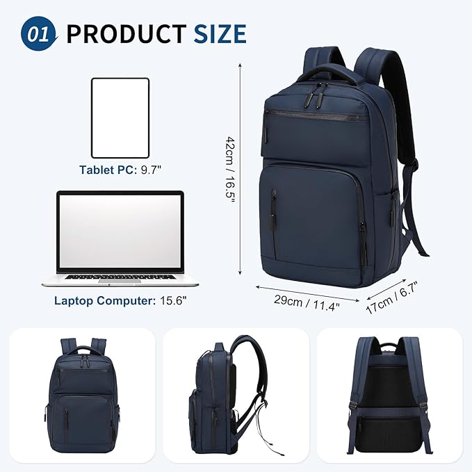 Waterproof Laptop Backpack for Men & Women, Flight Approved Anti-Theft Daypack with 15.6-inch Laptop Sleeve (Blue)