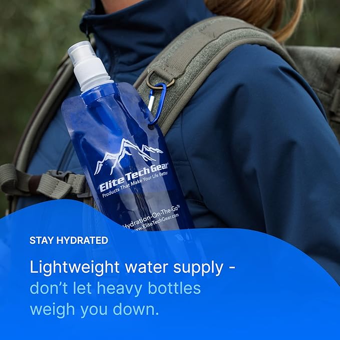 Elite Screens Collapsible Water Bottles - 10-Pack, 16.9 oz, Blue - Foldable & Reusable Water Bottle with Carabiner Strap for Hiking, Camping & Cycling - Long Flight Must-Haves & Theme Park Essentials