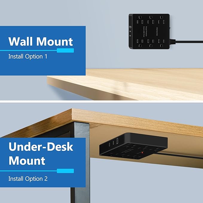 LIDER Outlet Extender with 6 Receptacles, USB-A and 2 USB-C, Ultra-Thin Flat-Plug with Cord Extender, 6-Outlet Power Strip, Slim Angled Design, Surge Protector, 1500 Joules, 5ft Cord, UL-Listed, Black