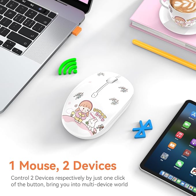 Cute Wireless Mouse Dual Mode with 2.4GHz USB Receiver and Bluetooth Connection for Laptop, iPad, Mac, AA Battery Silent Cartoon Cordless Mice for Kids and Students (Rabbit & Girl)