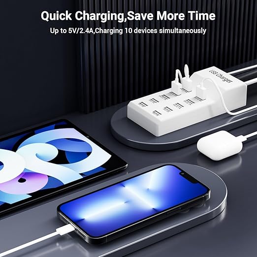 10-Port USB Charger Block - 50W10A Multi USB Charging Station for iPhone/iPad/Samsung Galaxy Note Tablet Android Smartphone(White)