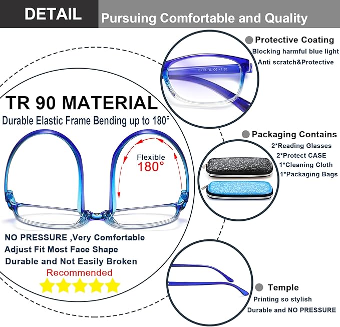 EYEURL 2 Pack Reading Glasses Blue Light Blocking Readers for Women-TR90 Lightweight Computer Reading Glasses Stylish Rectangular Frames Eyeglasses+0.75