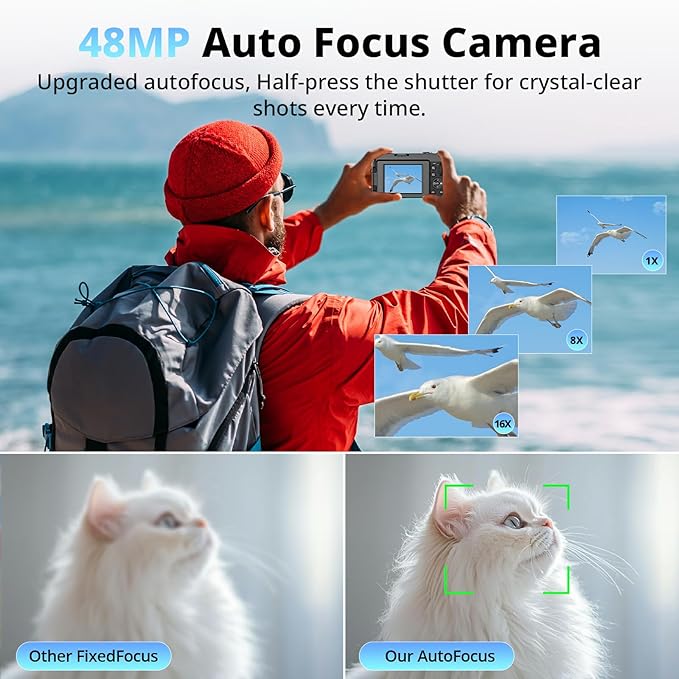 4K Digital Camera for Photography and Video, Autofocus 48MP Vlogging Camera for YouTube with 3'' 180°Flip Screen 16X Zoom Compact Travel Cameras with SD Card, 2 Batteries, Anti-Shake, Flash (Black)