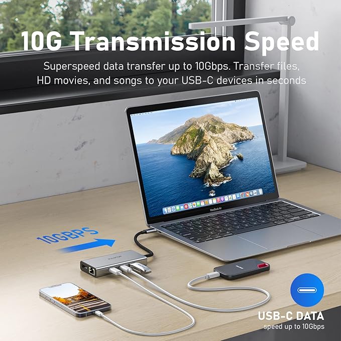USB C Hub 10Gbps, PULWTOP USB 3.2 Adapter with 3 USB-C 3.2 Ports, 4K 60Hz HDMI, Ethernet, 100W PD in, High Speed Multiport Splitter for MacBook Pro, MacBook Air, Dell and More