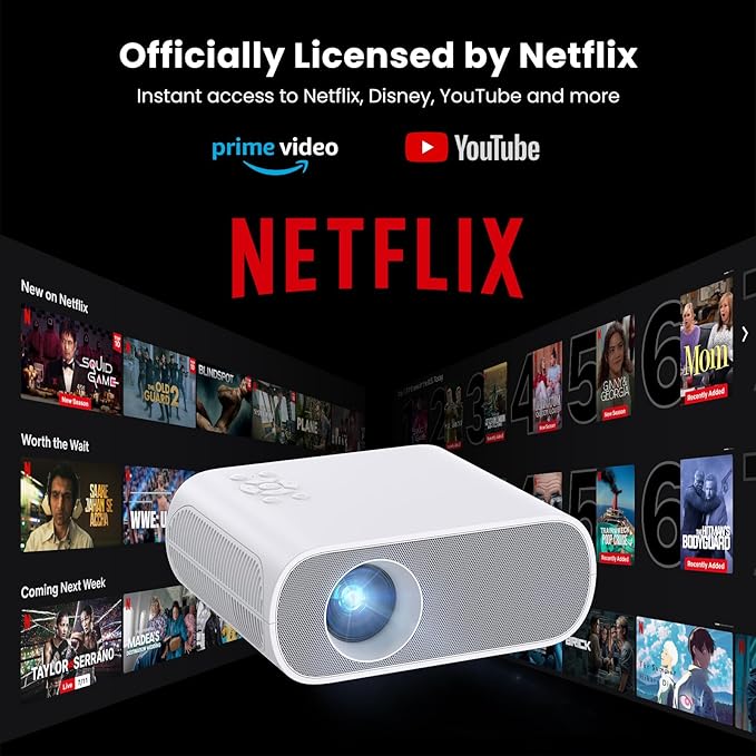 【Official Licensed Netflix】HOMPOW Smart Mini Projector with WiFi and Bluetooth, Native 1080P and 4K Supported Movie Projector, Electric Focus Portable Projector for Indoor & Outdoor Movies