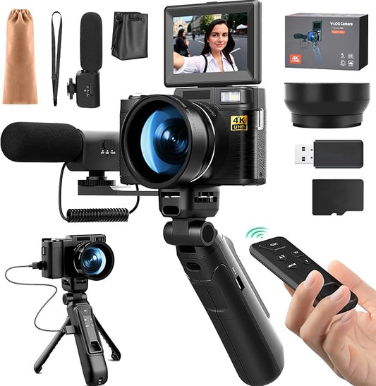 4k Digital Cameras for Photography, 48MP Video/Vlogging Camera for YouTube, Vlogger Kit, Content Creator Kit-Microphone & Remote Control Tripod Grip, Travel Camera with Wide-Angle & Macro len