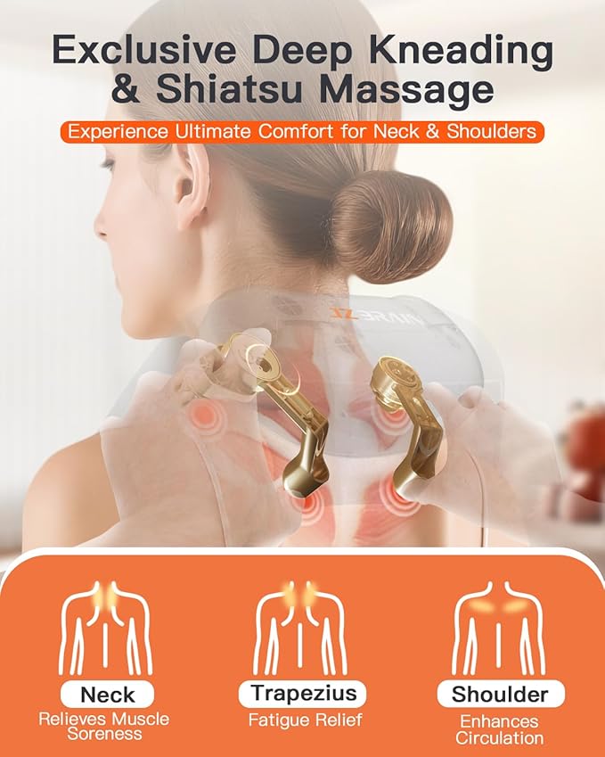 Neck and Shoulder Massager with Heat – Cordless Shiatsu Neck Massager for Pain Relief Deep Tissue - Adjustable Speed & Modes Kneading Massage for Back - Gift for Men Women