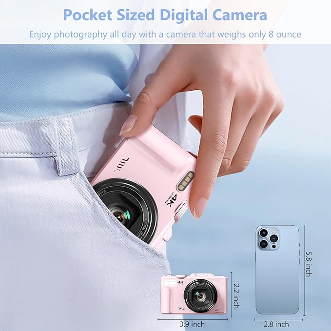 4K Digital Camera for Photography, 64MP Vlogging Camera for YouTube with 3" 180° Flip Screen, 18X Digital Zoom Point and Shoot Camara with 32GB Micro SD Card for Beginner (Light Pink)
