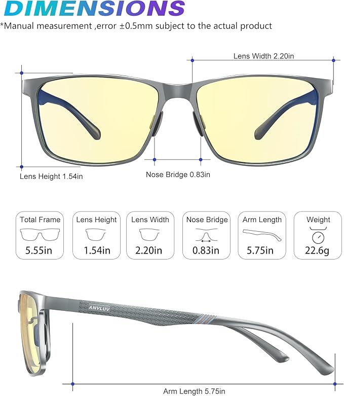 ANYLUV Blue Light Glasses Men, Relieve Eyestrain and Eye Protection, Al-Mg Metal Computer Blue Light Blocking Glasses