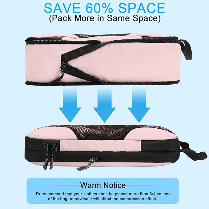 6 Set Compression Packing Cubes for Travel Women, Compression Bags Organizer for Packing Luggage Space Saving, Suitcase Organizer Set for Travel Essentials - Pink