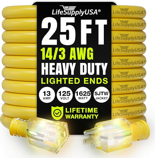 25ft Outdoor/Indoor Extension Cord 14/3 Gauge Heavy Duty 3 Prong SJTW, Waterproof, Flexible Cold-Resistant Long Power Cord,15A 125V 1625 W, Yellow by LifeSupplyUSA