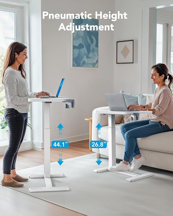 HUANUO Bedside Table with Wheels, Height-Adjustable Rolling Computer Cart, Overbed Table with Cup Holder, Pneumatic Laptop Standing Desk for Home Office, White (31.5" x 17.7")